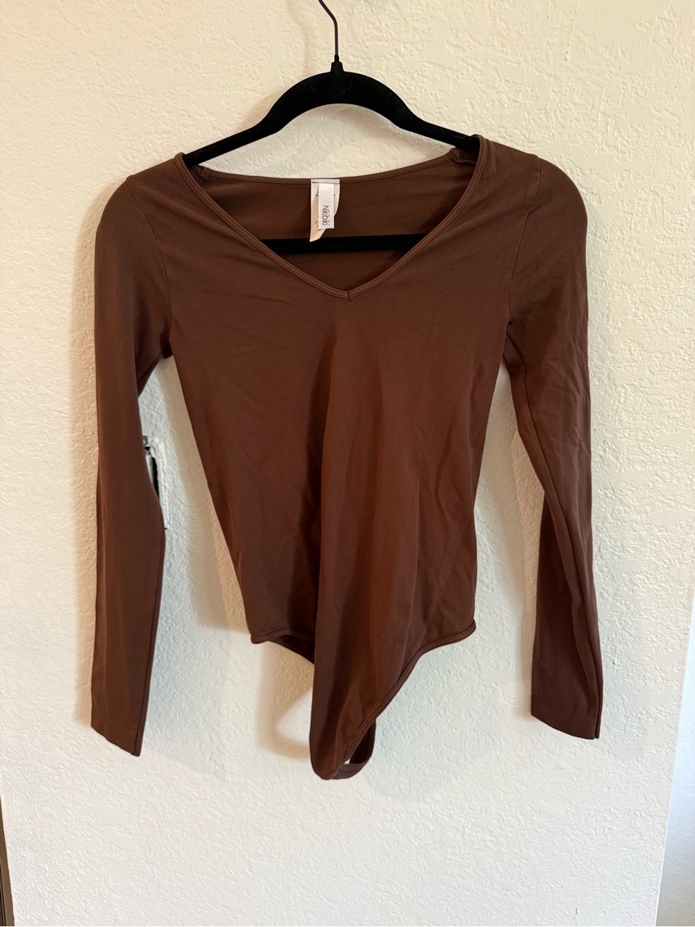 Vici Brown Asymmetric V-Neck Long Sleeve Bodysuit